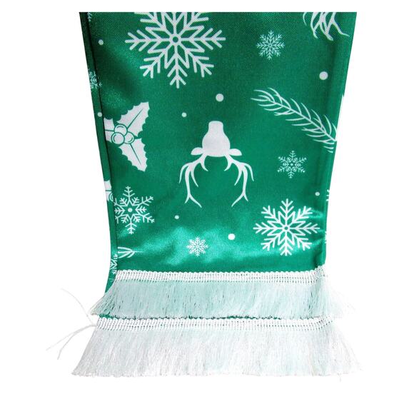 Winter Silk Scarf Green with White Tassels Deer Snowflakes Holly 56 in long - Picture 2 of 3